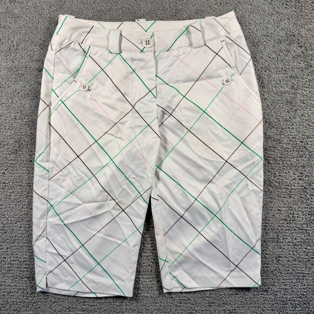 Nike Golf Dri-FIT Plaid Bermuda Shorts Womens 2 White Green Pink Performance NEW
